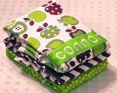 Personalized Burp Cloths - Baby Boy Green and Chocolate Brown Apples Chevron and Polka Dots