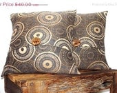 Suzani Print 18x18 Pillow Cover Dandelion Galexy Denim Blue, Chestnut Brown. Taupe, Wood Button.
