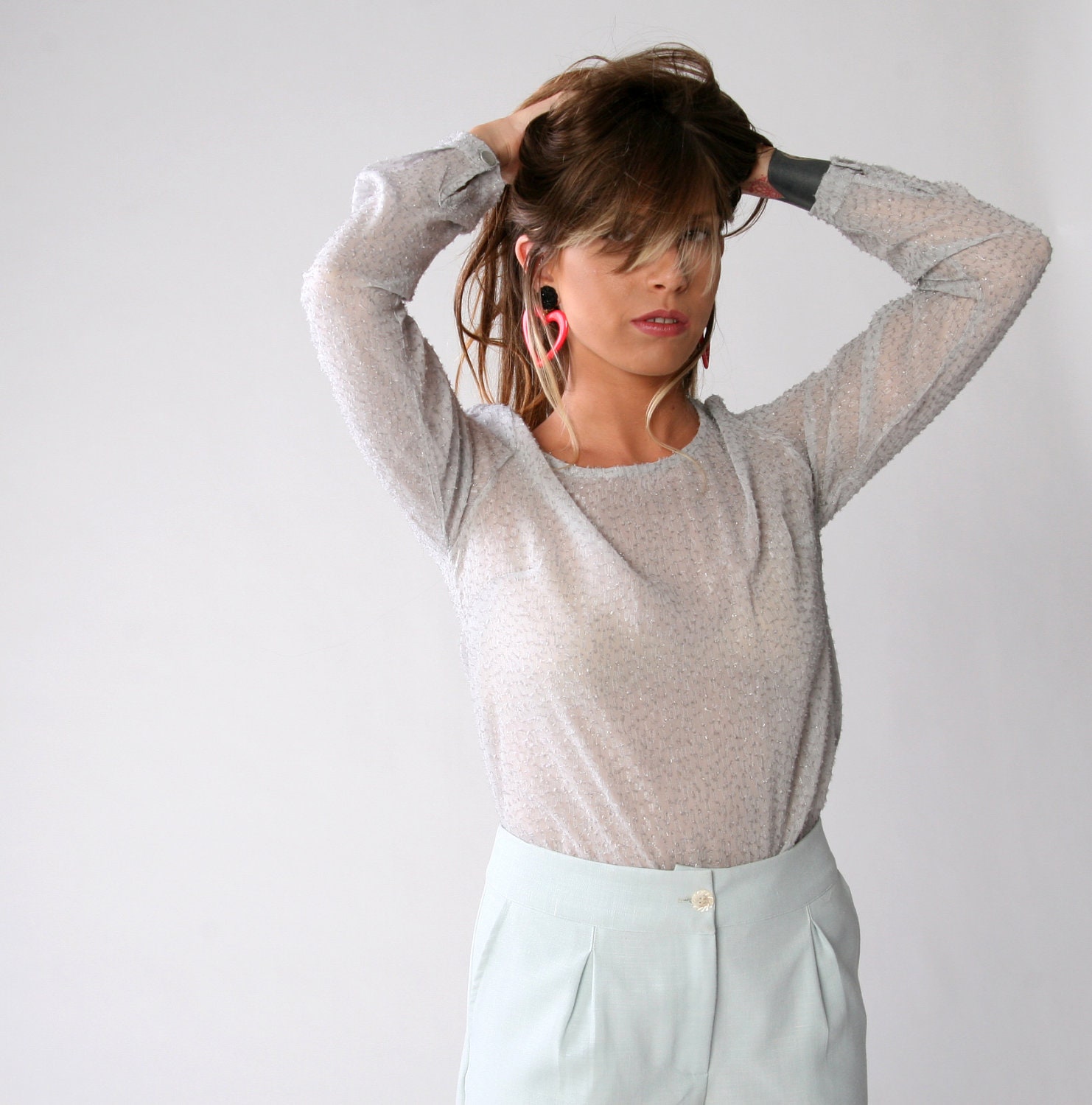 SALE 40% Glossy silver shirt , Women long sleeves blouse