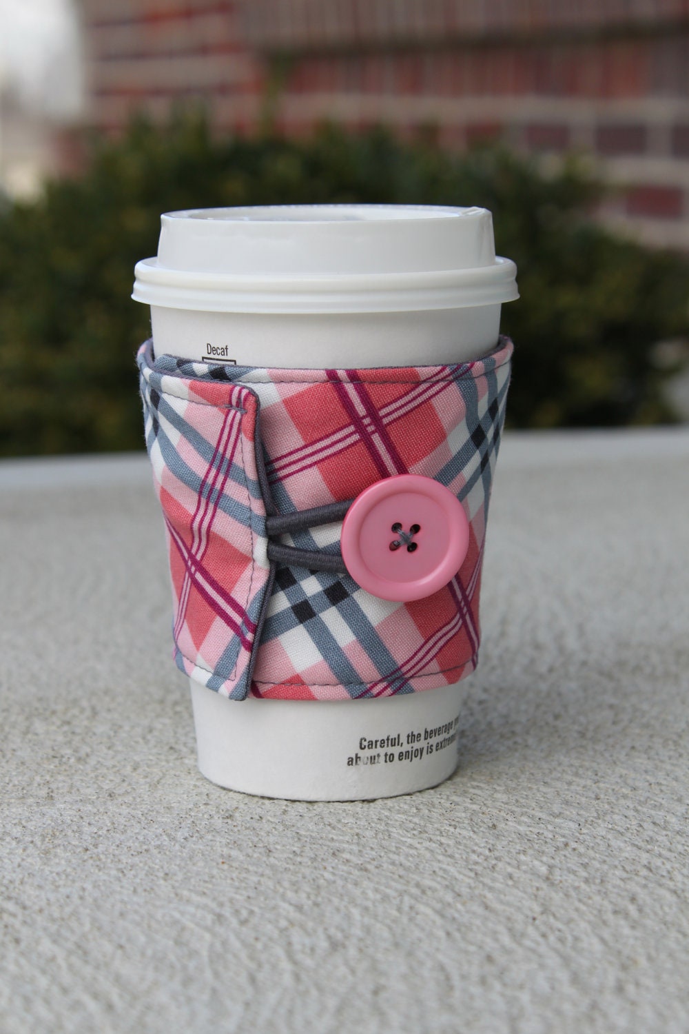 Reusable Cardboard Coffee Cup Cozy - Mug Koozie - Pink and Grey Plaid
