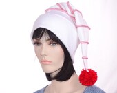 White Long Toboggan Hat White Striped Red Stitching Long Tail Womens Hat Mens Hat Stocking Cap stocking Hat