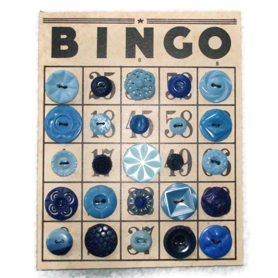 Vintage Blue Bingo Buttons, Flower Floral, Pierced Plastic, Lucite Button Lot, Shabby Cottage Chic -- 0741