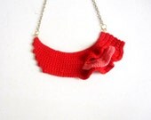 Andalucia, crochet bib necklace, statement necklace in red and coral pink cotton yarn.