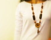 50% off - Wood Necklace, Large Handmade Button, Beads, Cotton Cord, Long or Short