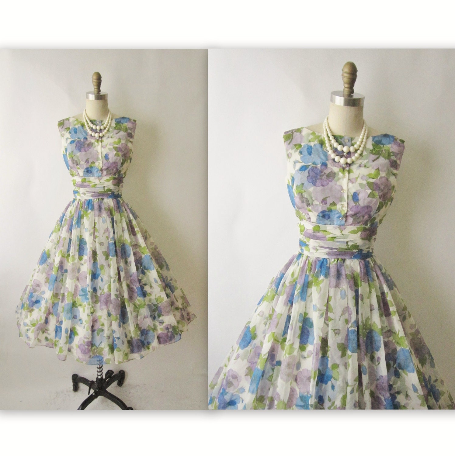 50's Floral Dress // Vintage 1950's Floral Print Chiffon Garden Party Mad Men Cocktail Dress XS