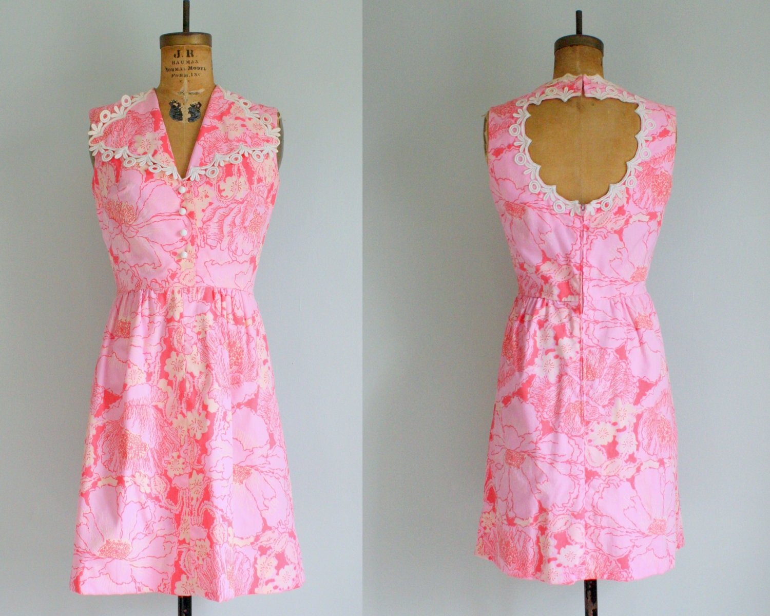 vintage day dress / 1960s summer dress / 60s pink dress / cutout dress small