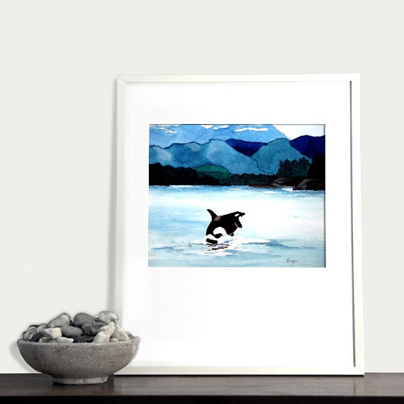 Watercolor Painting - Orca Art Print - Killer Whale Wildlife Seascape