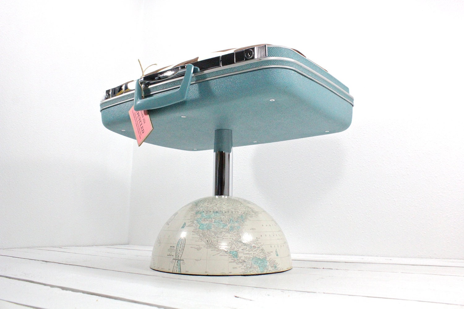 Upcycled Suitcase Pet Bed with Globe Pedestal Base