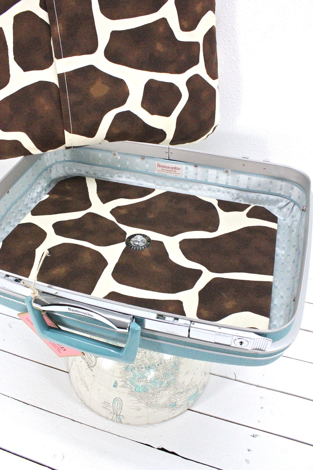 Upcycled Suitcase Pet Bed with Globe Pedestal Base