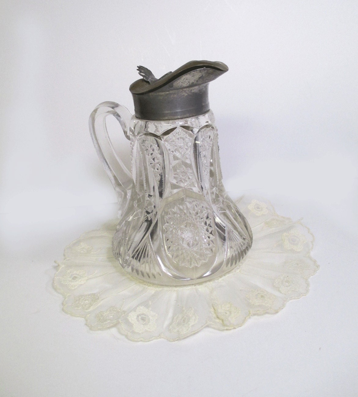 Antique Cut Glass Syrup Pitcher with Brass Pewter Lid - Depression Era Glassware