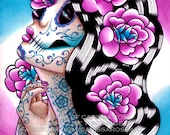 apprx. 11x14 in Art Print - Dia De Los Muertos Sugar Skull Girl Portrait With Tattoos - A Moment of Silence