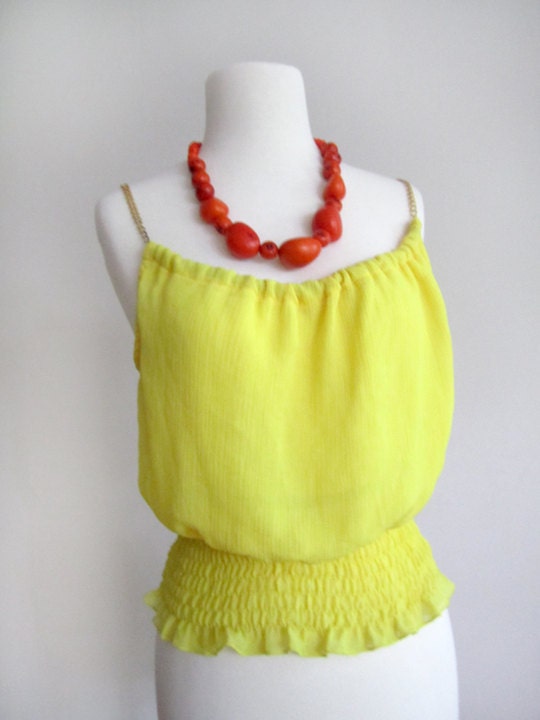 Neon Yellow tank with Golden chain straps and gathered waist Small/SALE