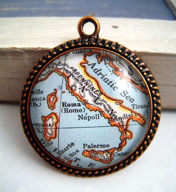 Vintage Rome Naples Italy Country Map Pendant Glass & Copper