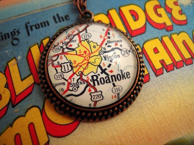 Vintage Roanoke Virginia Glass Map Pendant Necklace