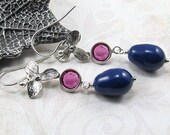 Fuchsia Crystal Lapis Blue Pearl Silver Orchid Earrings