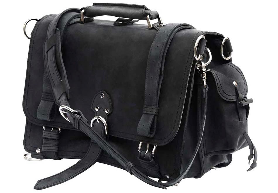 Leather Briefcase Messenger Bag Backpack, LARGE - Charcoal Black Distressed, Rugged