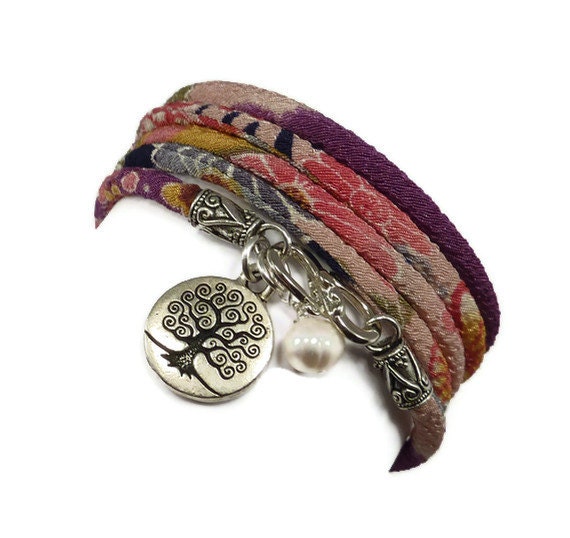 Wrap Bracelet with Tree of LIfe Charm and Freshwater Pearl, yoga jewelry, yoga bracelet