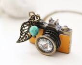 Be a Photographer. Vintage Mustard Camera Necklace (VNL-46)
