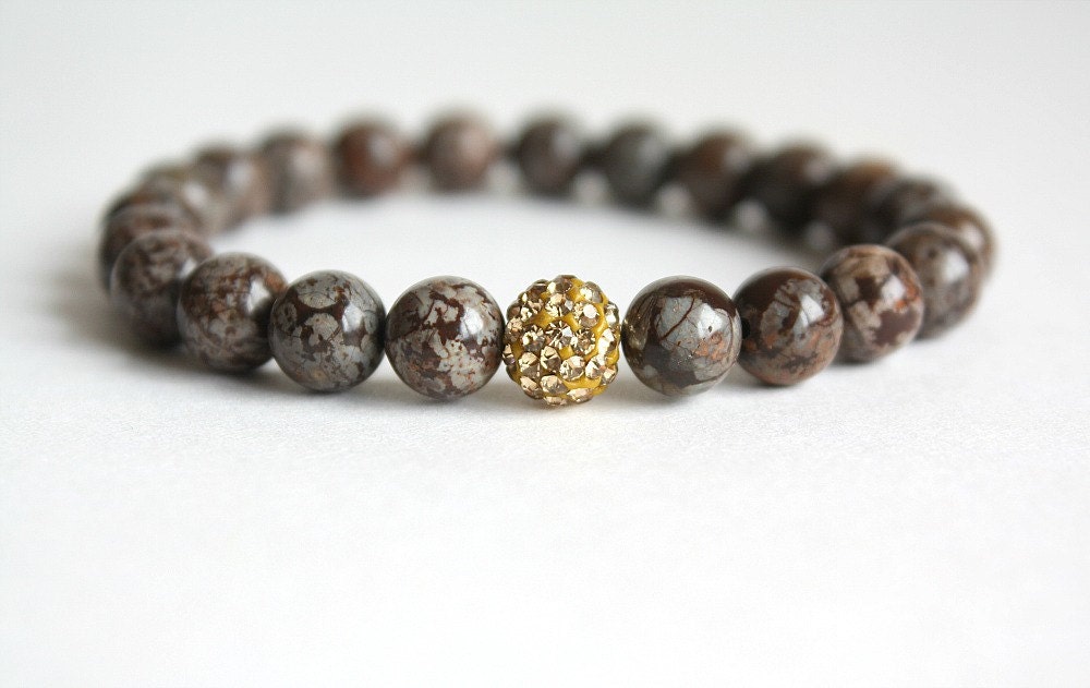 Snowflake Obsidian Stone Stacking Bracelet with Gold Pavé Crystal Bead Brown Stretch Bracelet Bohemian Jewelry