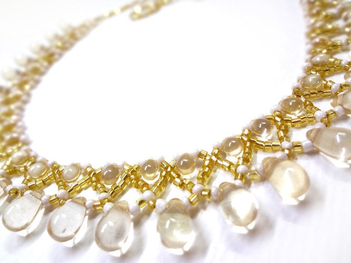 Citron Yellow Necklace - Beaded Lace Collar Necklace