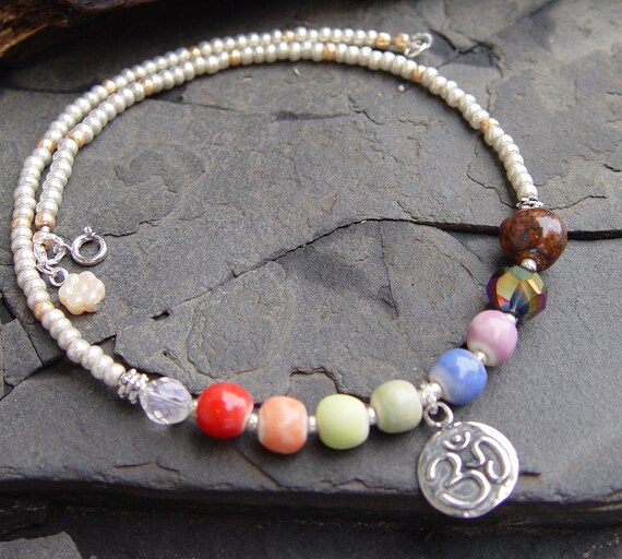 Meditation II -- Om Chakra Stoneware Beads Pewter Lotus Om Charm Handmade Necklace Yoga Moon