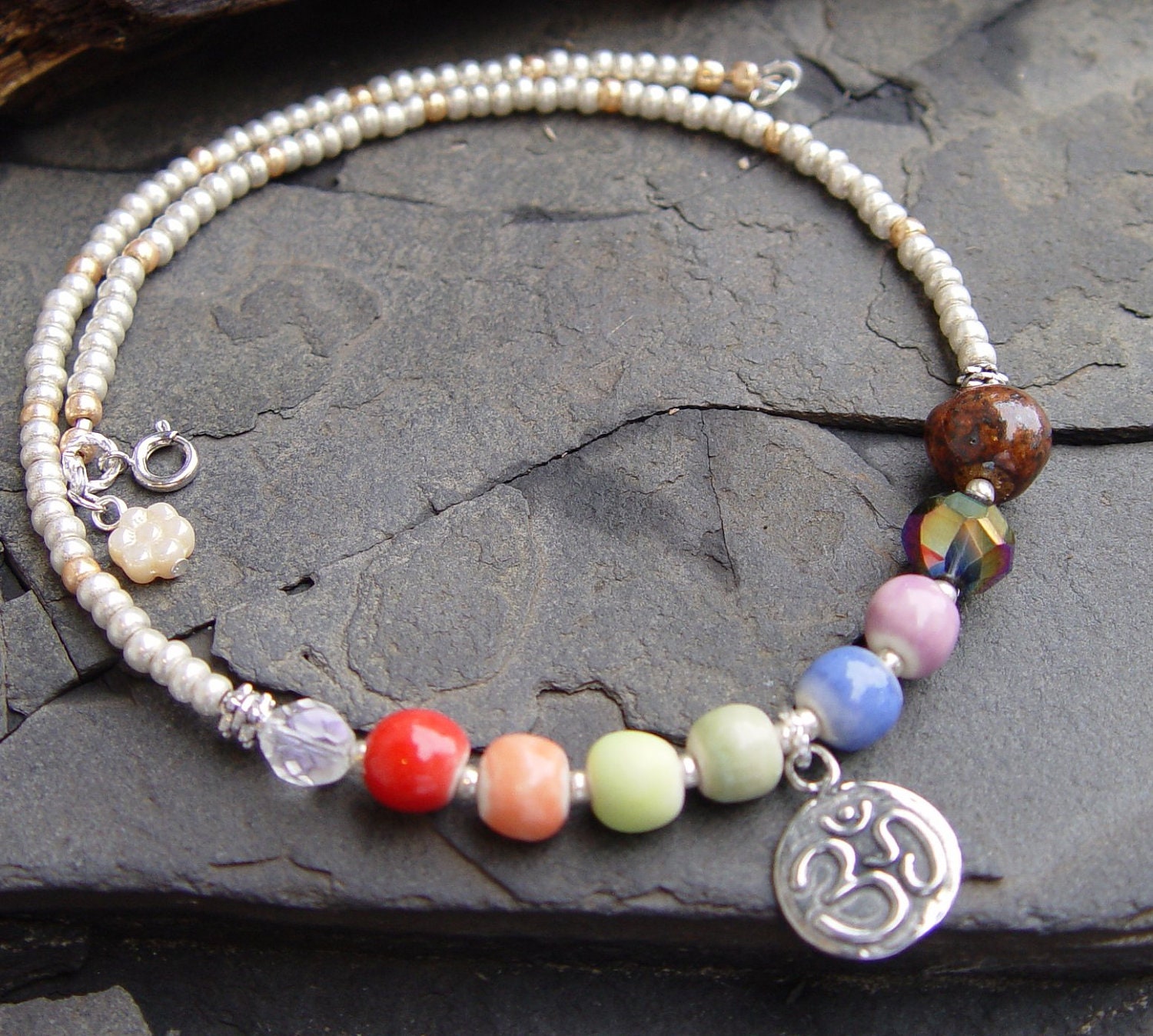 Meditation II -- Om Chakra Stoneware Beads Pewter Lotus Om Charm Handmade Necklace Yoga Moon