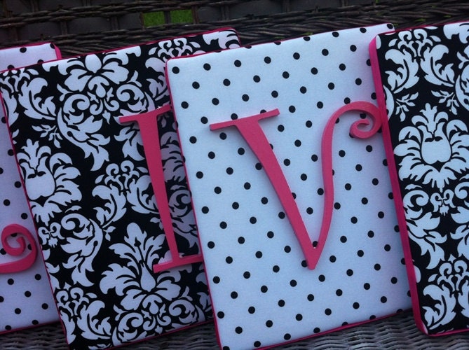 Wall Letters, Framed Monogram, Black Damask and Hot Pink, 8x10, Painted Letters, Wood Letters,Monogram, Upholstered Letters, Fabric Letters