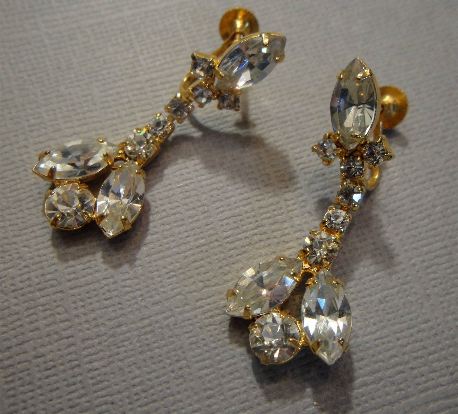 Vintage Rhinestone Earrings in Gold tone metal long dangle with marquise and round shape stones wedding bridal jewelry