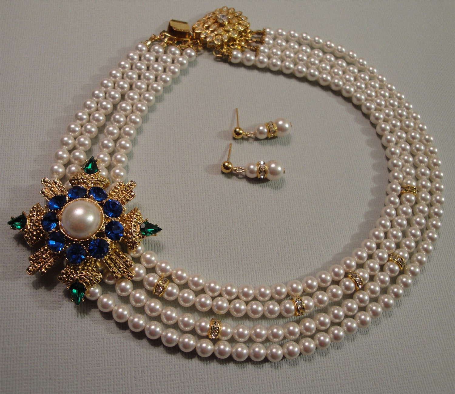 Brooch Necklace Set - Swarovski Pearls Four 4 Multi Strands in White or Ivory - Gold Rhinestone accents wedding bridal jewelry