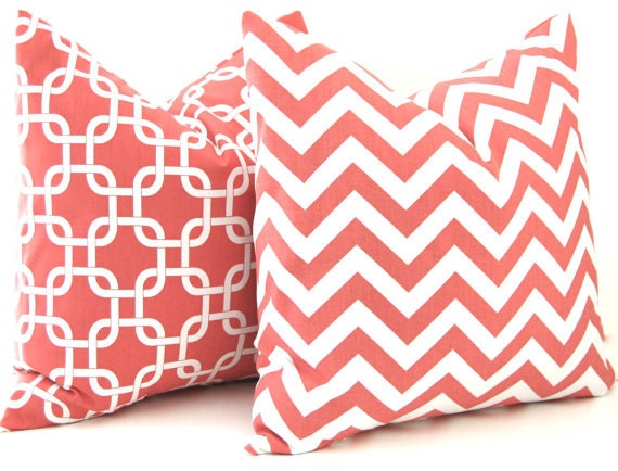 Coral Chevron Pillow Decorative Throw Pillows Coral on White 20 x 20 Inches Pair of two