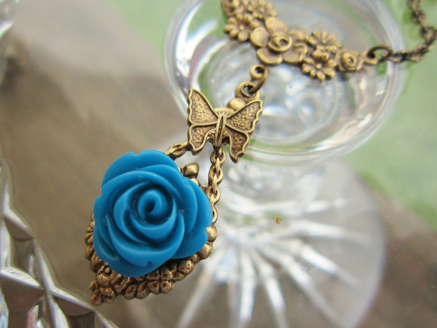 TEAL ROSE NECKLACE 12 Dollar Sale