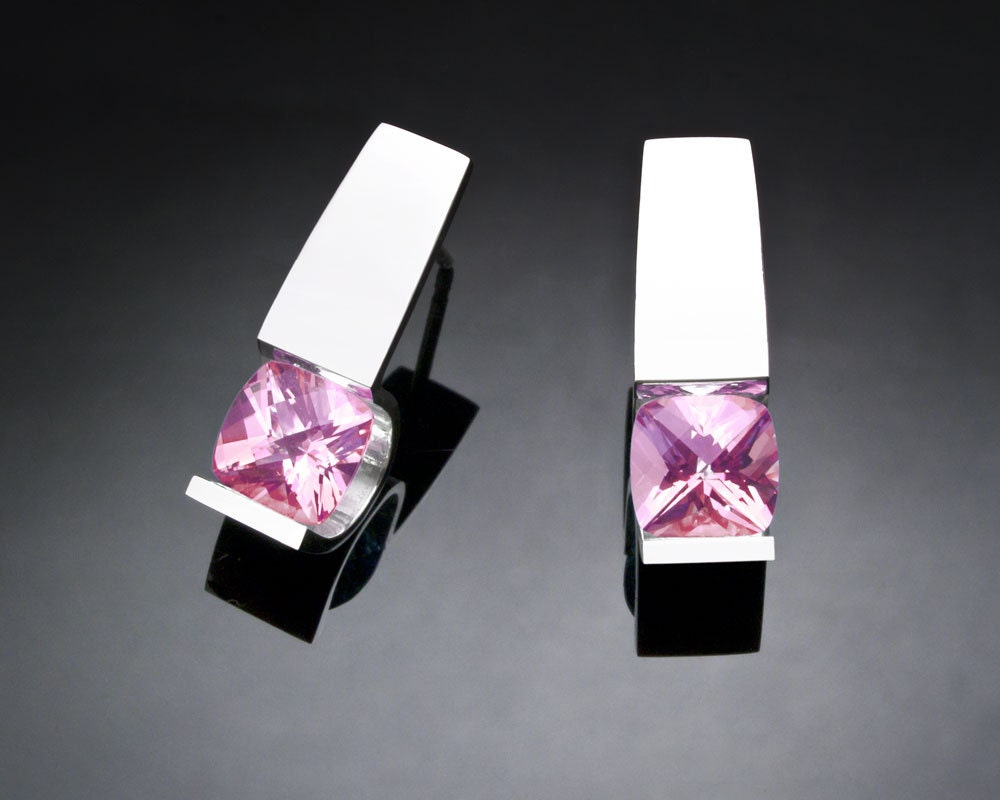 pink topaz earrings- silver earrings - Argentium silver - graduation - eco-friendly - wedding earrings - tension set - 2431