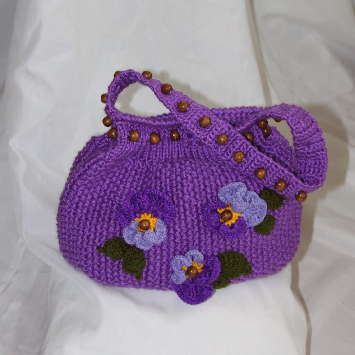 SALE Christams gift Hand knitted purple bag pansy flowers, crochet flowers, handbag, tote, shoulder bag, handmade clutch, beaded purse