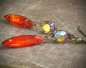 Tangerine Rhinestone Earrings, Orange, Vintage, Dangle