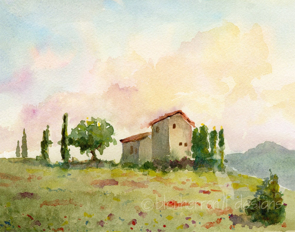 italian landscape- Tuscan Spring- 11x14 watercolor print
