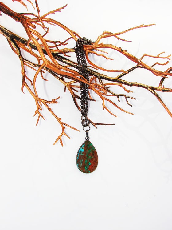 Elena's Felted Jewelry - Multicolour Blue Green Red Brown Drop Shaped Pendant