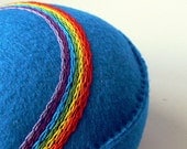 Pincushion Embroidered Rainbow brilliant blue handsewn recycled felt made to order