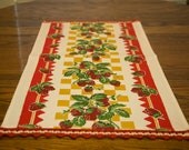 Table Runner Vintage Strawberries Print on white with Red  Border / Retro table Runner
