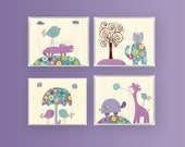 Nursery Art Decor, Kids Print, Giraffe, crocodile, set of 4 8x10 prints, lavender and baby blue, match to colors of Brooklyn Bedding set
