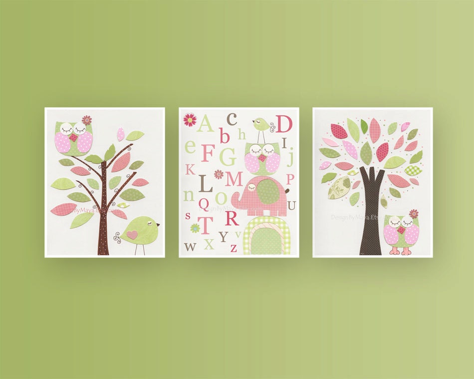 Baby Girl Room Ideas: Nursery wall Art Print For Girls, Baby Girl Room Decor / Love Bird Turtle Elephant // Set of 3 11x14 // Hayley Bedding