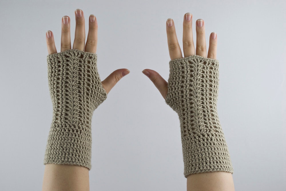 gloves fingerless crochet beige arm wrist warmers lace winter for her - the cealeno line - bamboo cotton yarn