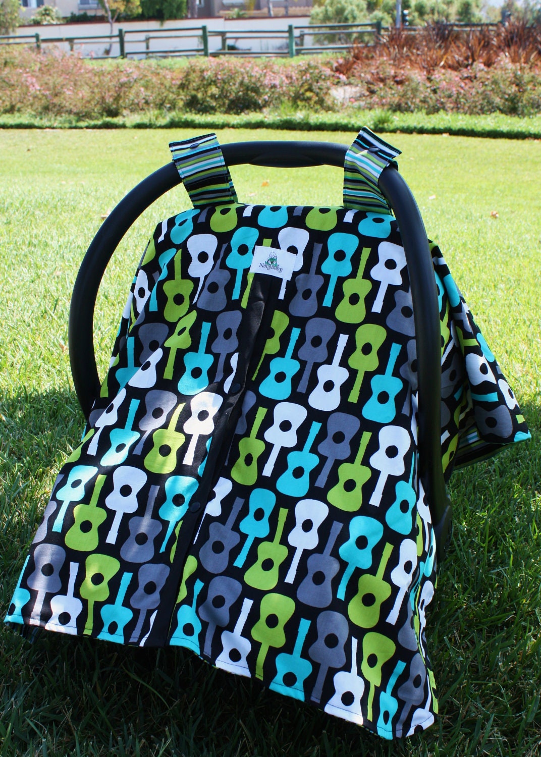 Lagoon Groovy Guitars and Lagoon Play Stripe Reversible Car Seat Canopy -- MADE TO ORDER