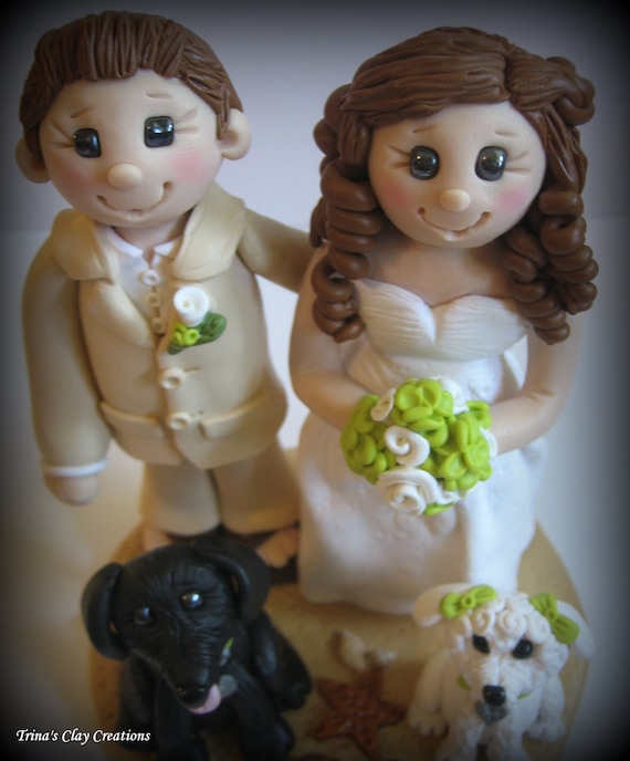 Wedding Cake Topper Bride and Groom with Two Dogs Personalized Polymer Clay Beach Theme topper/keepsake