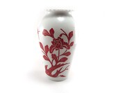 Tall white vase with red cherry blossomsand birds, Valentine's Day