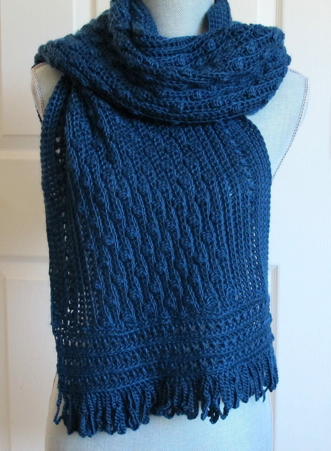 Blue Wrap or Shawl Crocheted in Wool and Tencel Yarn