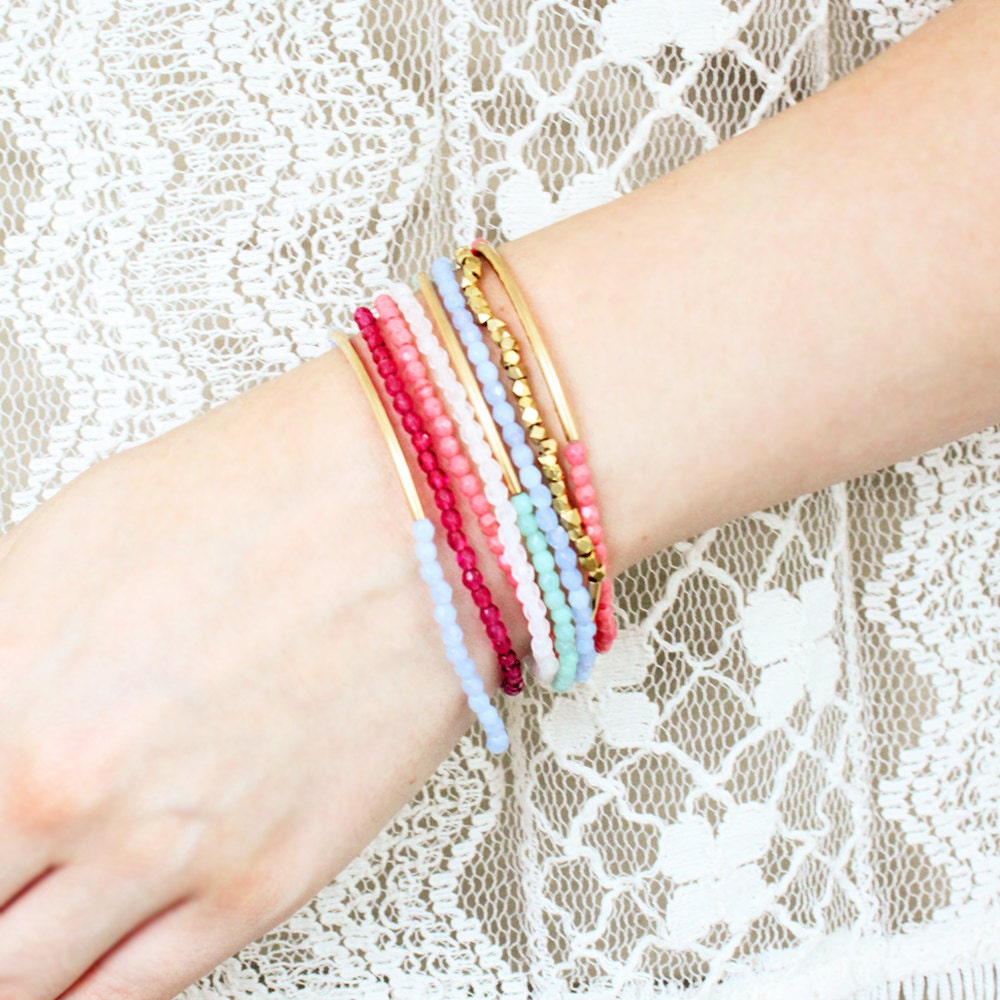 Pink Beads Bracelet - Gold Bar Bracelet
