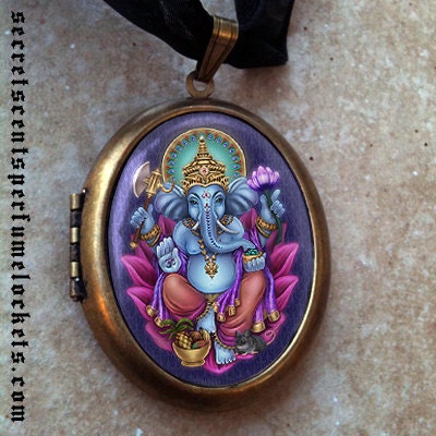 Perfume Locket Pendant  - Ganesha - Antique Brass
