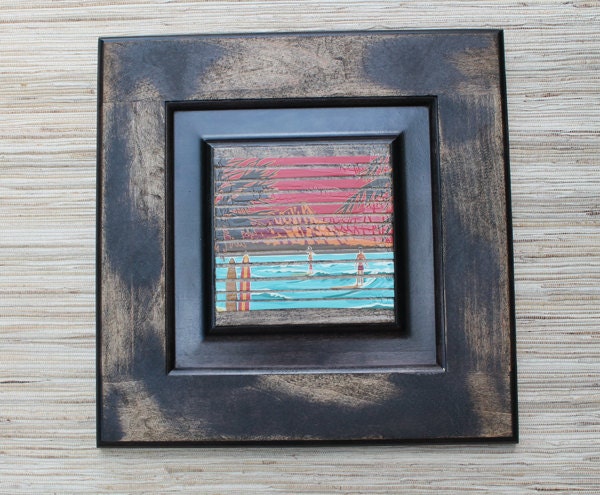 Upcycled Surf Wall Art - Tropical Surfing Beach Scene on Reclaimed Wood Door - recycled paper, distressed wood