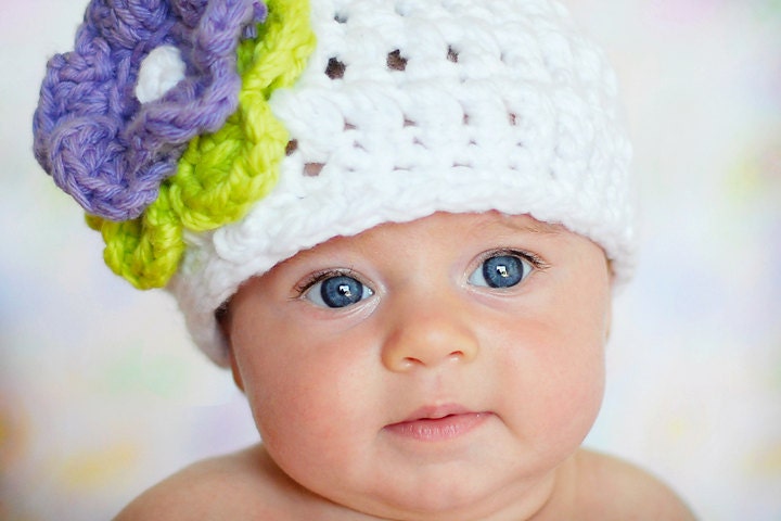 Baby Girl's Crochet Hat in Bright White, Lavender, and Lime Green- Size 0-3 months ready to ship