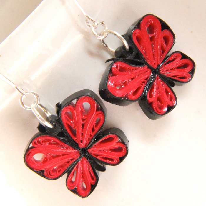 Eco Friendly Earrings Little Red Butterflies Paper Quilled Handmade Artisan Jewelry
